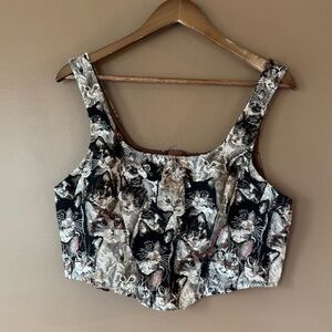 Cider Cat Print Tapestry Crop Vest or Sleeveless Top Zipper Back L